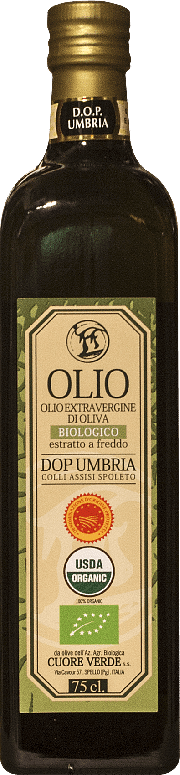 Olio extra-vergine d'oliva DOP Biologico Kosher Umbria Cuore Verde 0.75 lt.